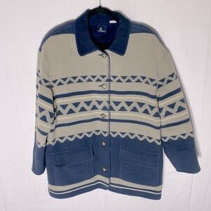 Vintage Liz Sport Blue Greige Wool Blend Southwestern Print Button Up Shacket L